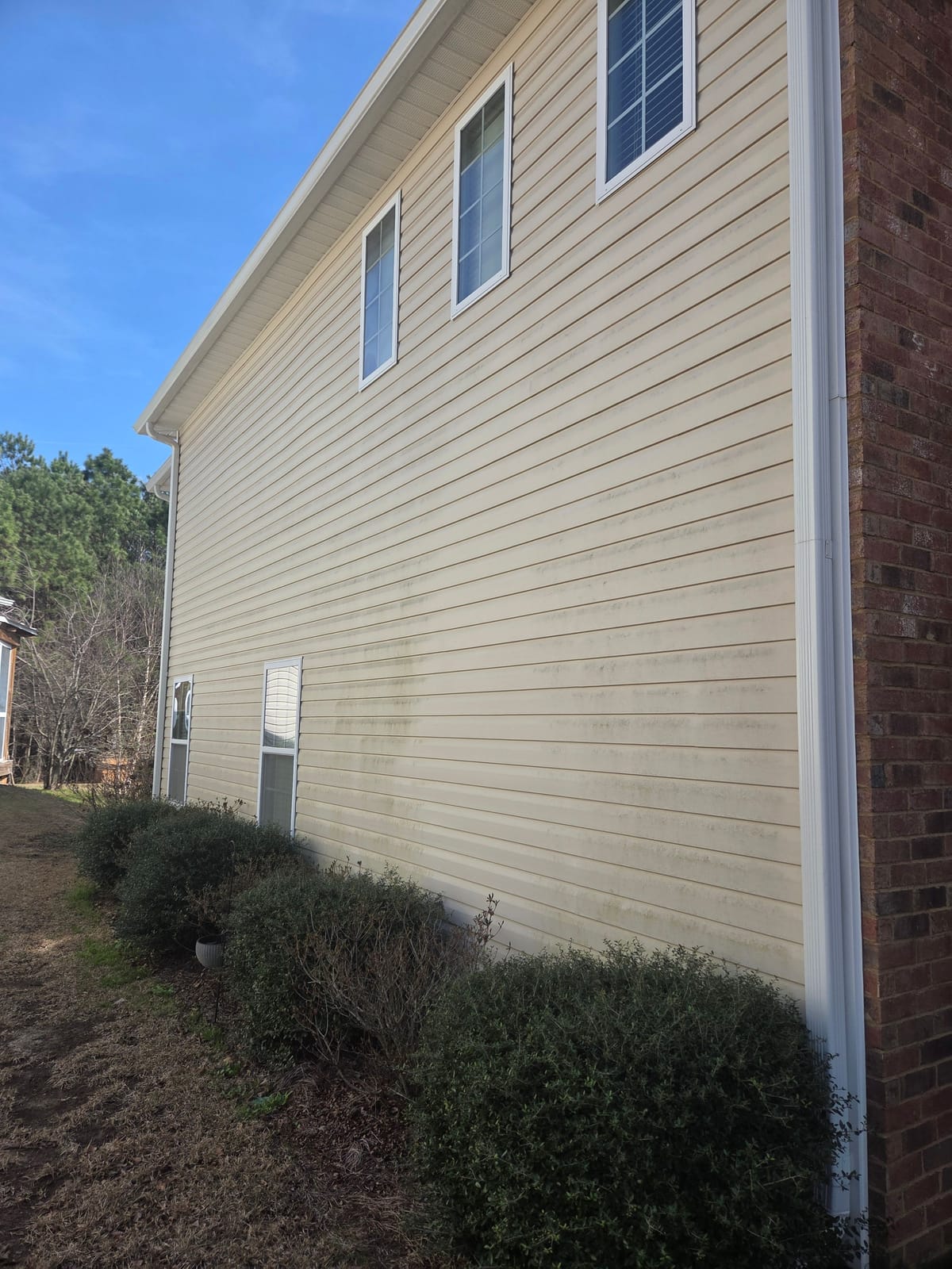 Two-story cream vinyl siding before and after soft washing, before cleaning